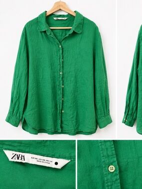 Zara 100% Linen Green Button Front Shirt XXL Oversized